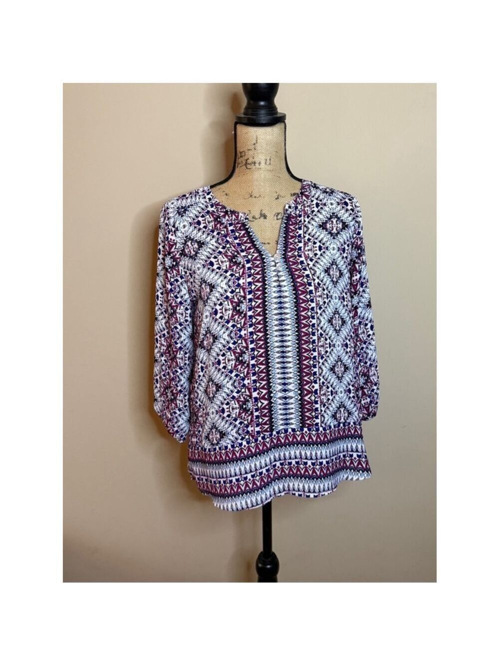 Women's Pink Rose Blouse Size L White Purple Patterned 3/4 Sleeve